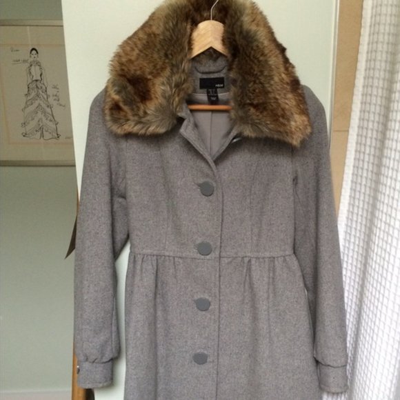 H&M Wool blend Faux Fur Collar Grey Princess Baby Doll Fit and Flare Coat - Picture 4 of 11